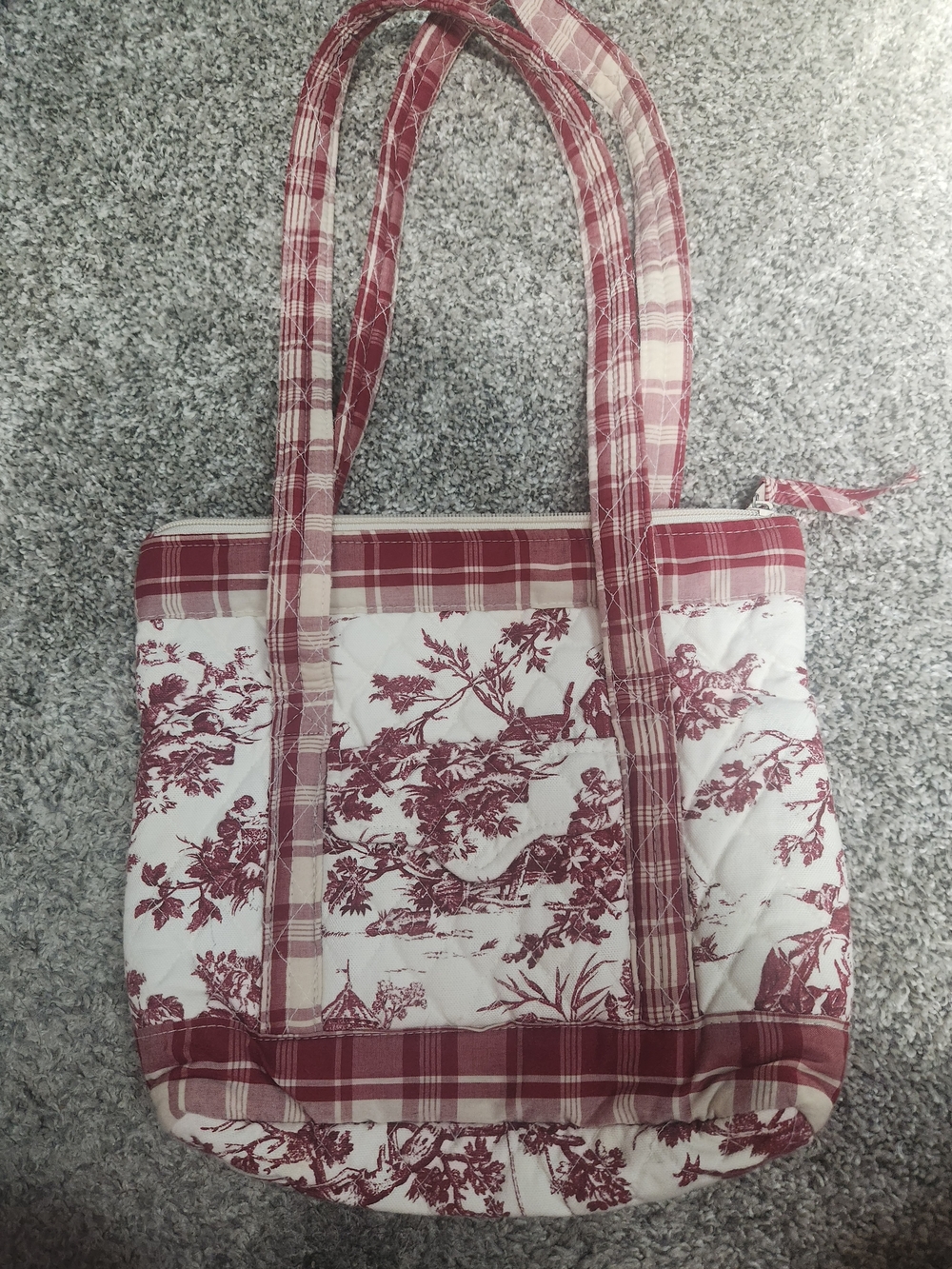 Source Unknown Burgundy and White Quilted Floral Plaid Tote